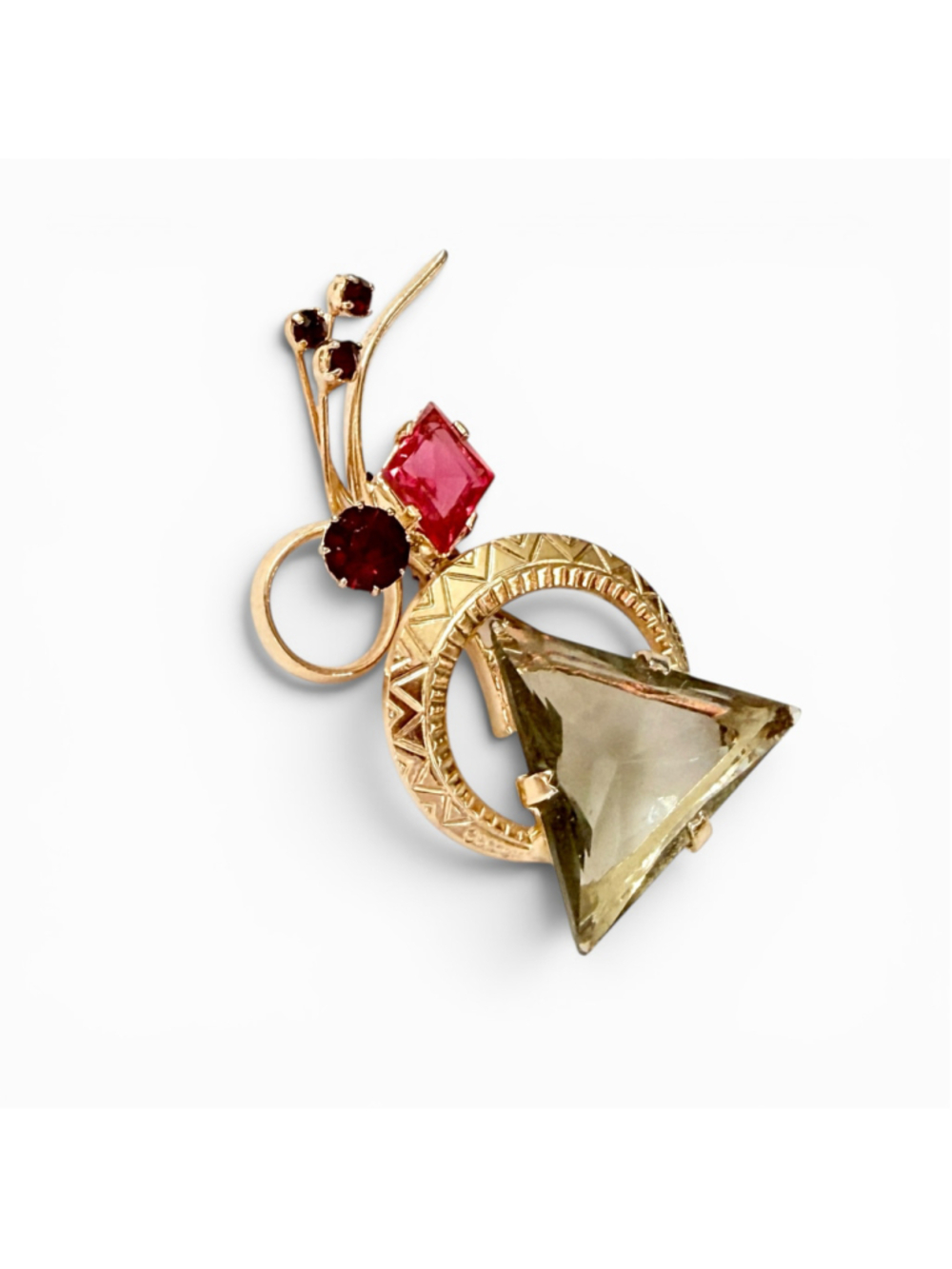Vintage Austrian Brooch 1940s, Large Smoky Gray Glass Rhinestone Pin, Pink Ruby - Picture 8 of 8